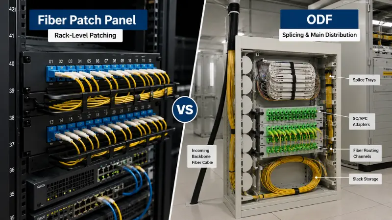 Fiber patch panel vs ODF comparison showing rack-level patching on one side and optical distribution frame splicing and main fiber distribution on the other side. Fiber patch panel vs ODF comparison showing rack-level patching on one side and optical distribution frame splicing and main fiber distribution on the other side.