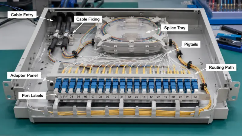 Internal structure of an optical fiber patch panel showing adapters splice trays pigtails and cable routing Internal structure of an optical fiber patch panel showing adapters splice trays pigtails and cable routing